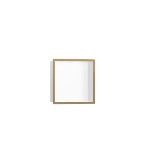Wandnische mit einem Designrahmen in gebürstetem Bronze-Finish. Aus mattweißen Materialien gefertigt. Hansgrohe Produkt für den integrierten Wandbereich.